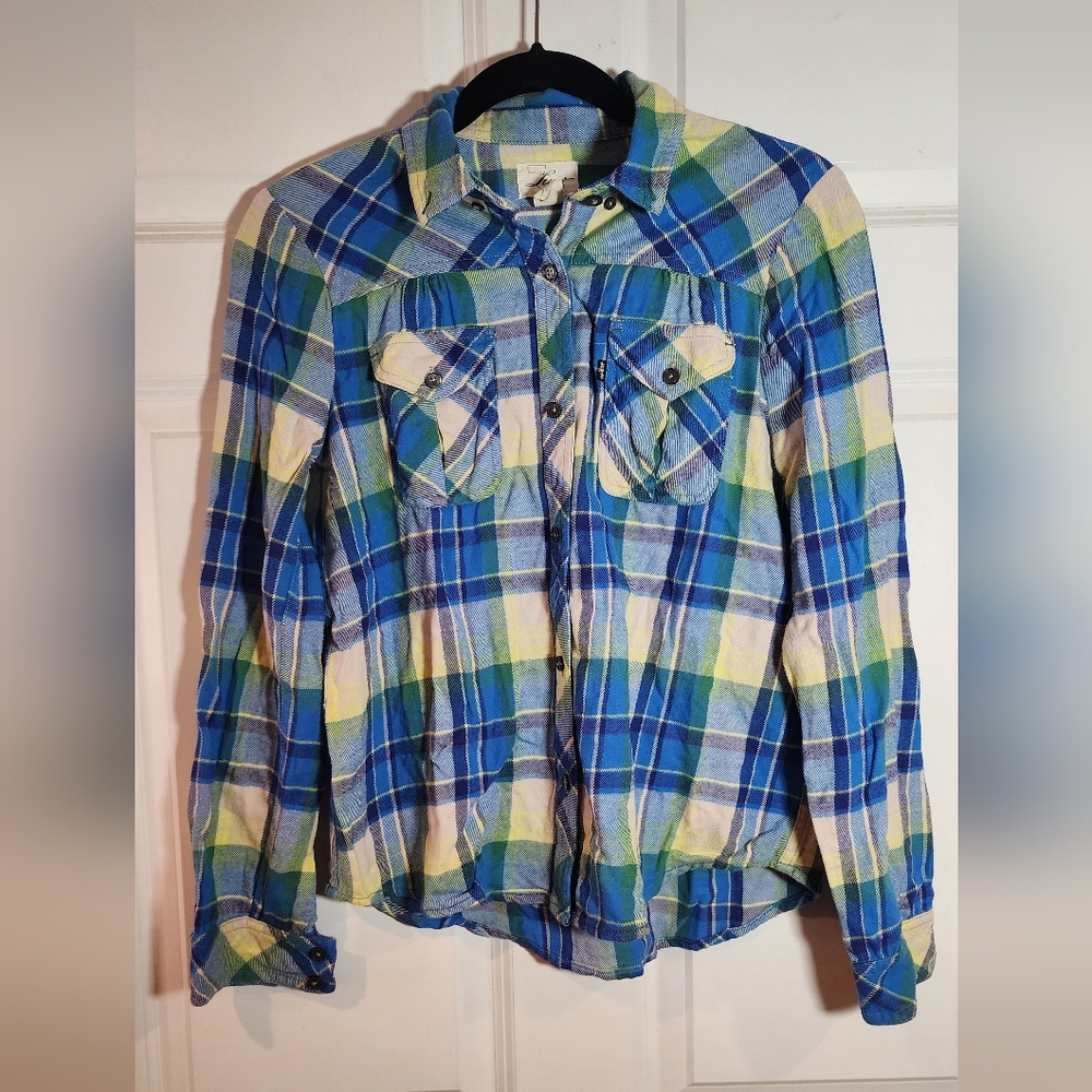 Levi's Vintage Blue and Green Plaid Button-Up Shirt XS